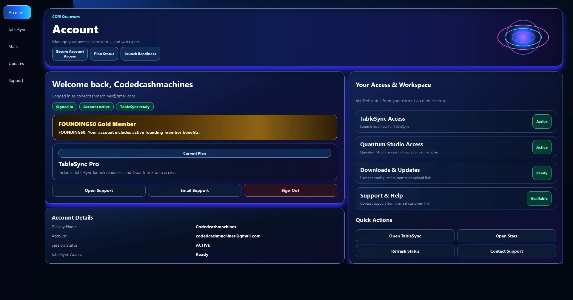 CCM Quantum account page with plan and product information