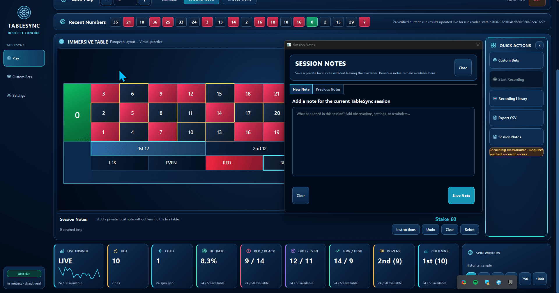 TableSync session workspace with live descriptive analytics cards