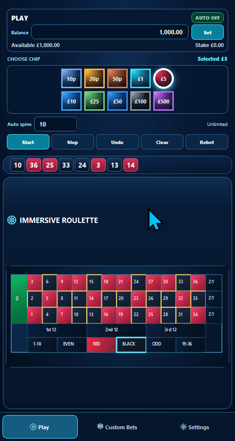 TableSync portrait mode showing chip controls and the European table