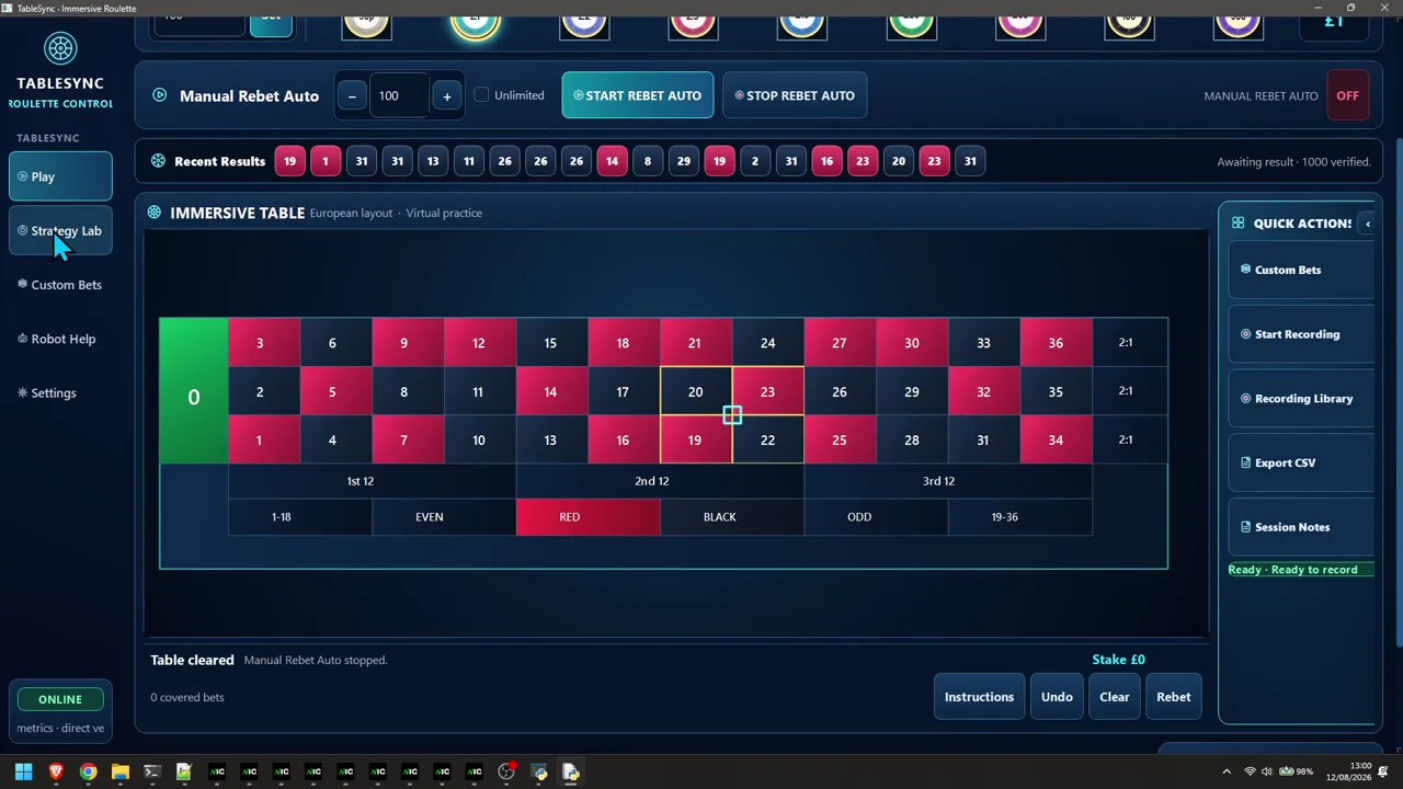 TableSync Strategy Lab showing virtual roulette test results