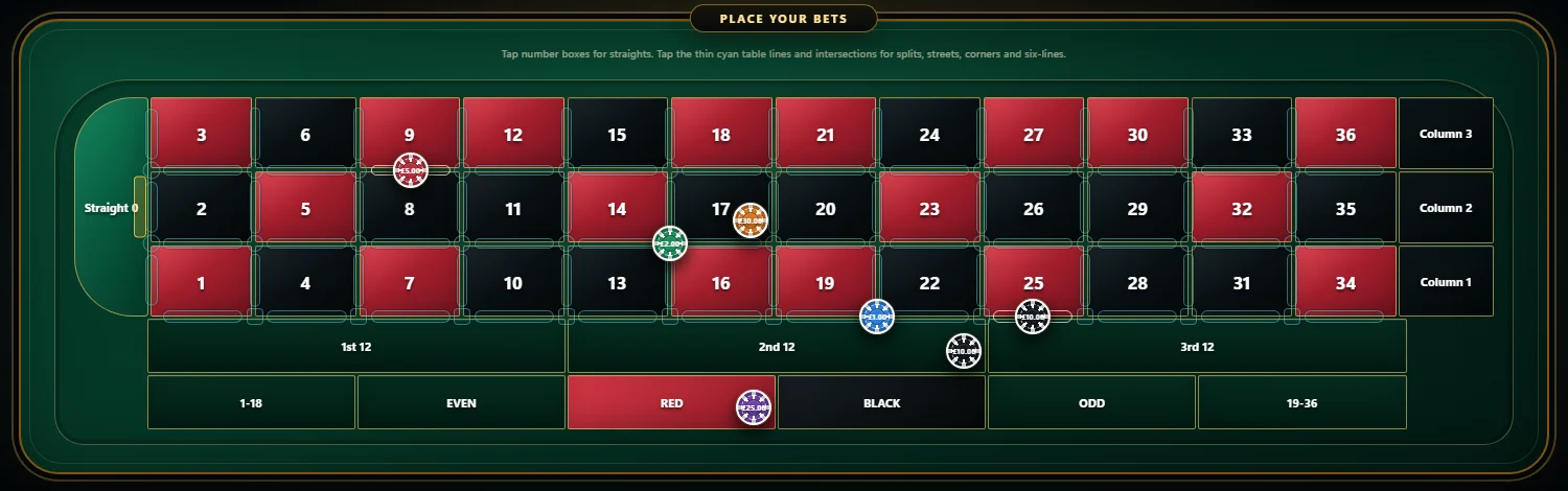 TableSync Universal Play Table showing a virtual European roulette board with stacked chips