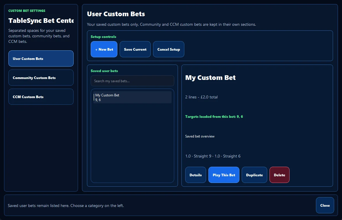 TableSync Custom Bets centre showing user and CCM virtual bet groups