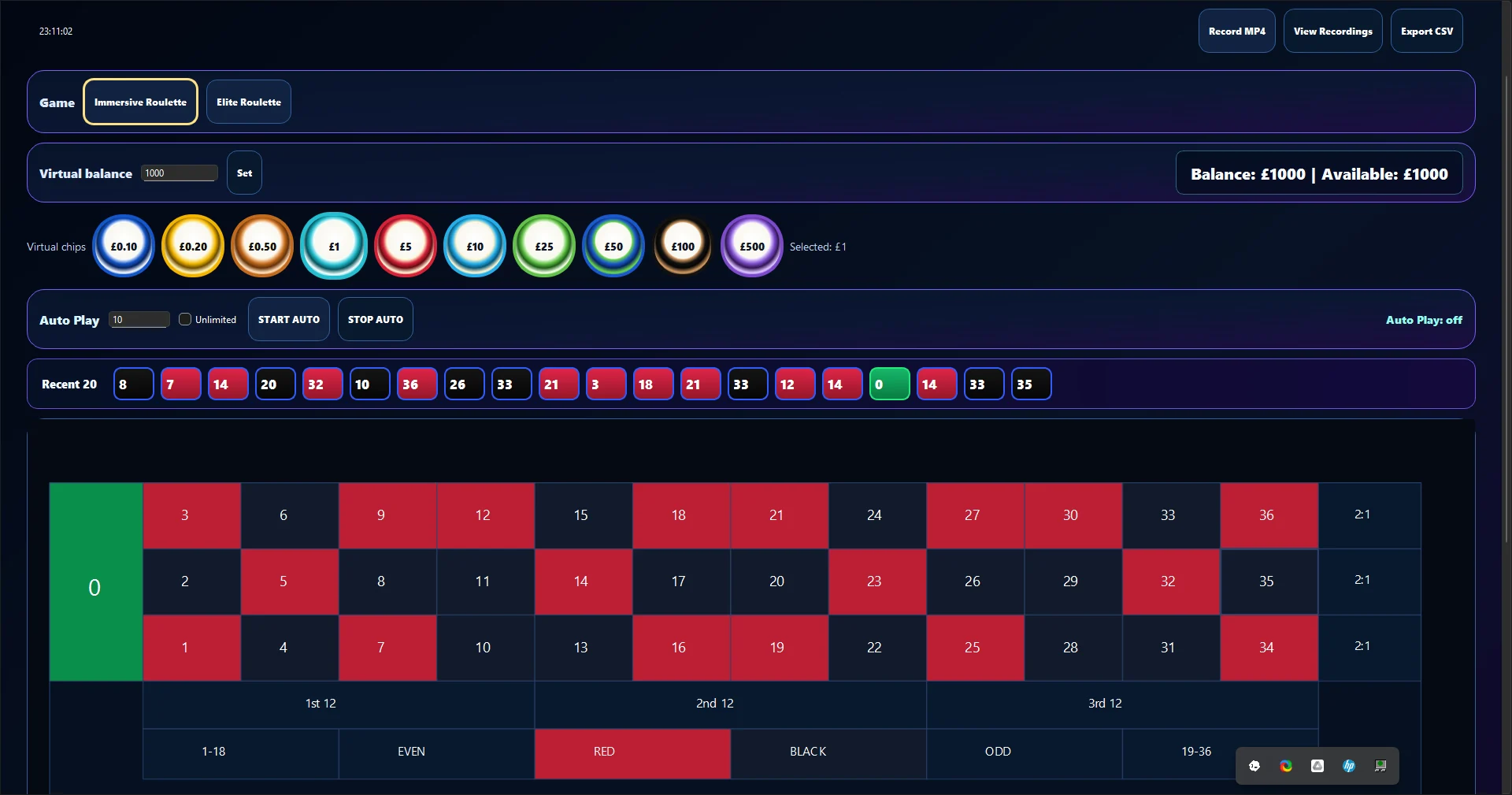 TableSync virtual roulette practice board with chip controls and virtual balance