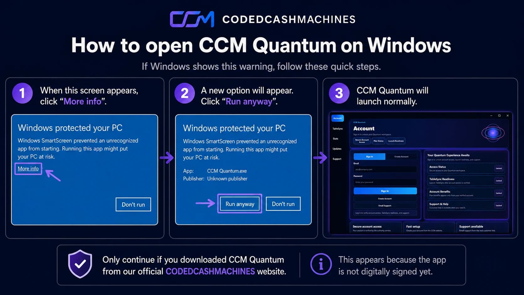 Windows SmartScreen installation guide for CCM Quantum