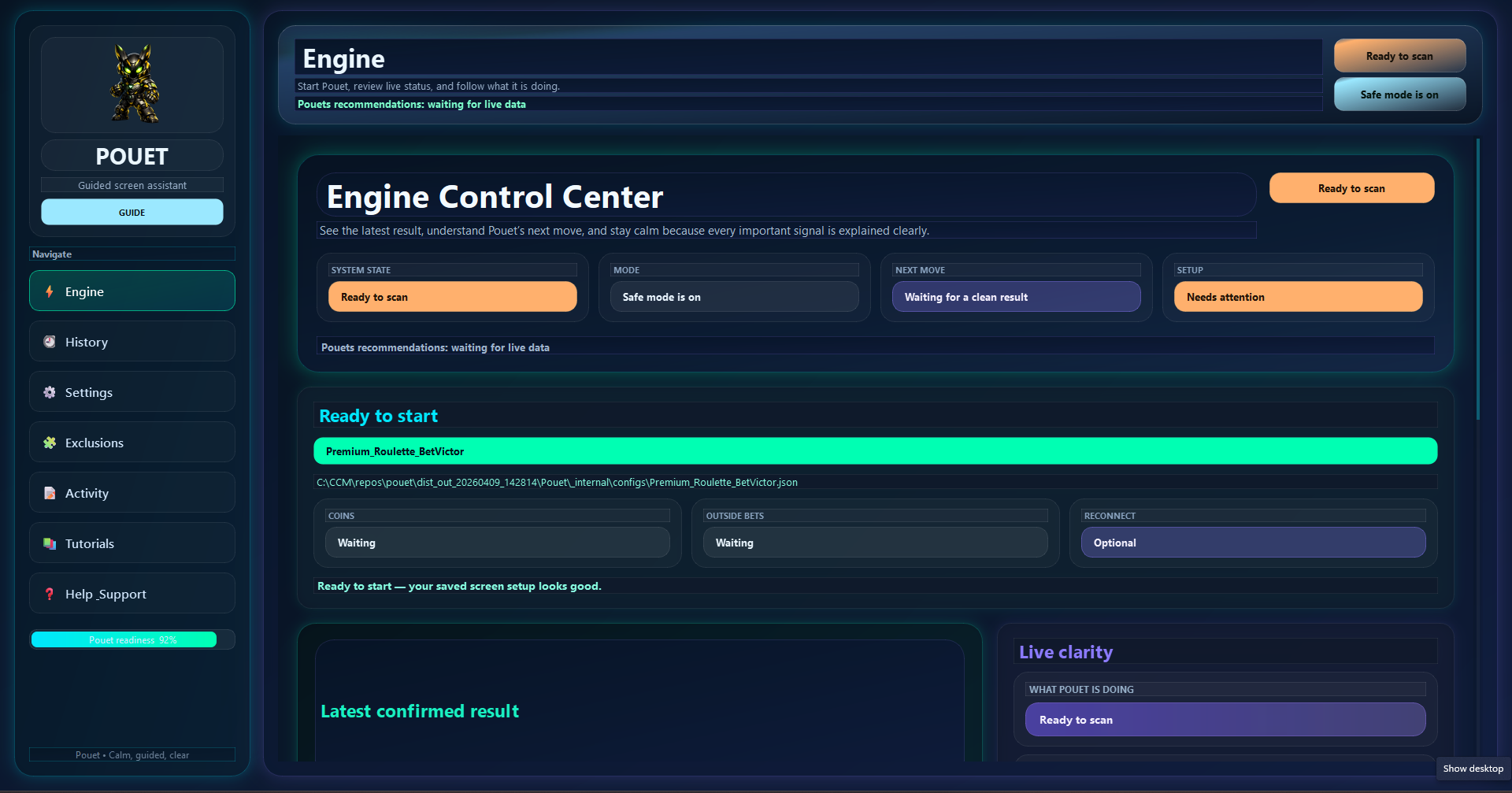 CCM Pouet stop start session tools with guidance and summary controls