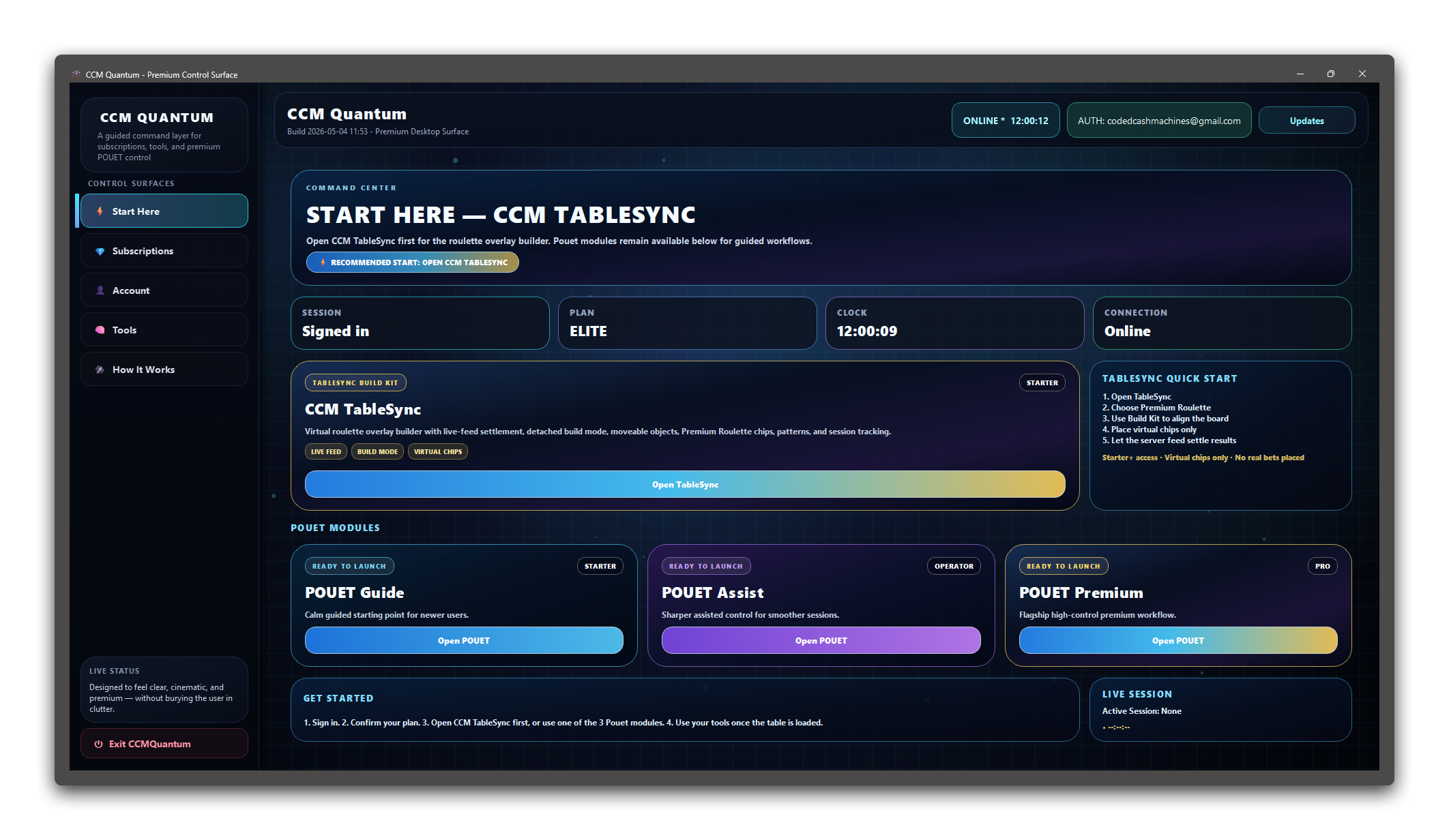 CCM Quantum dashboard with modules, account state, and launch options